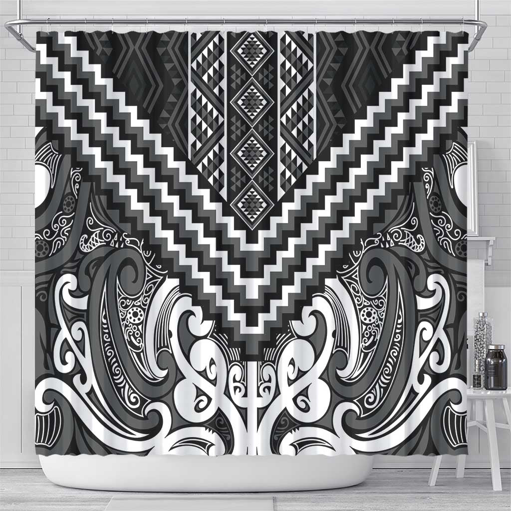Maori Tukutuku Taniko Motifs Shower Curtain Black Poutama Mix Kowhaiwhai LT7 - Polynesian Pride