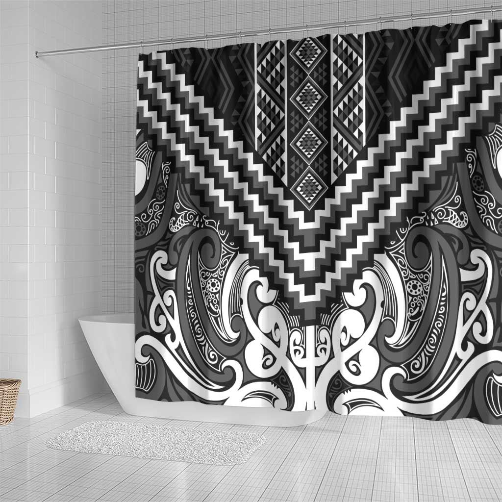 Maori Tukutuku Taniko Motifs Shower Curtain Black Poutama Mix Kowhaiwhai LT7 - Polynesian Pride