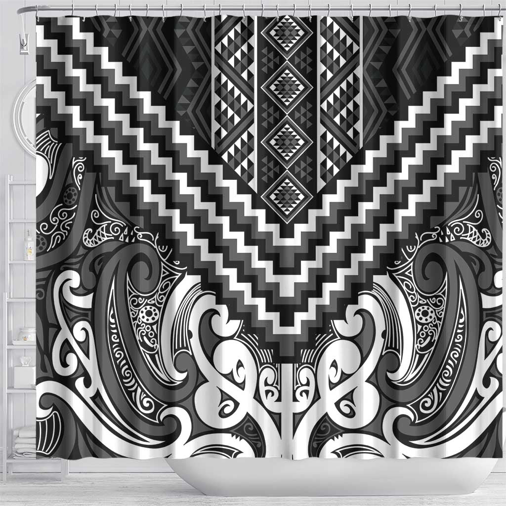 Maori Tukutuku Taniko Motifs Shower Curtain Black Poutama Mix Kowhaiwhai LT7 - Polynesian Pride