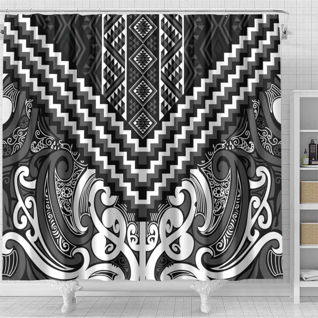 Maori Tukutuku Taniko Motifs Shower Curtain Black Poutama Mix Kowhaiwhai LT7 - Polynesian Pride