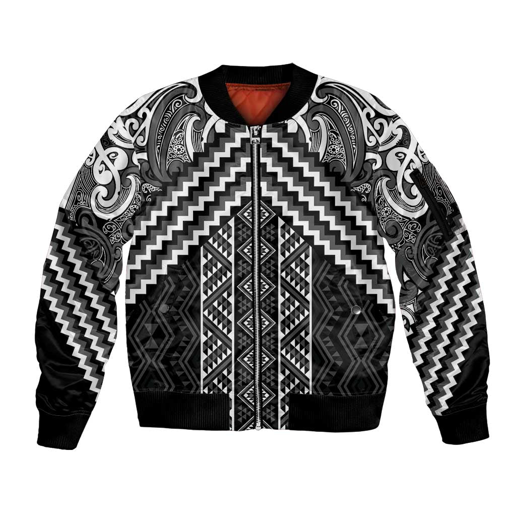 Maori Tukutuku Taniko Motifs Sleeve Zip Bomber Jacket Black Poutama Mix Kowhaiwhai