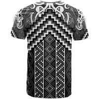 Maori Tukutuku Taniko Motifs T Shirt Black Poutama Mix Kowhaiwhai