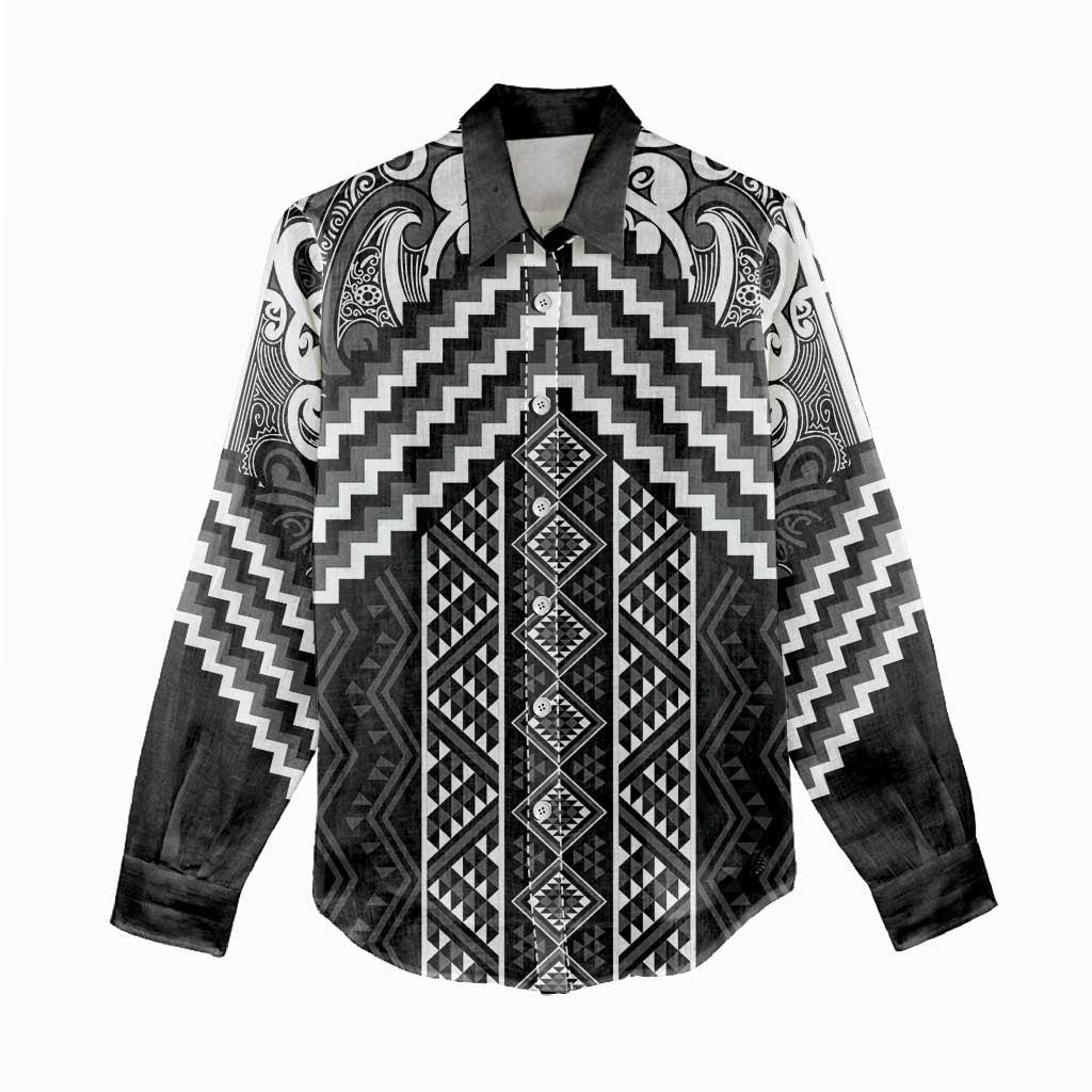 Maori Tukutuku Taniko Motifs Women Casual Shirt Black Poutama Mix Kowhaiwhai