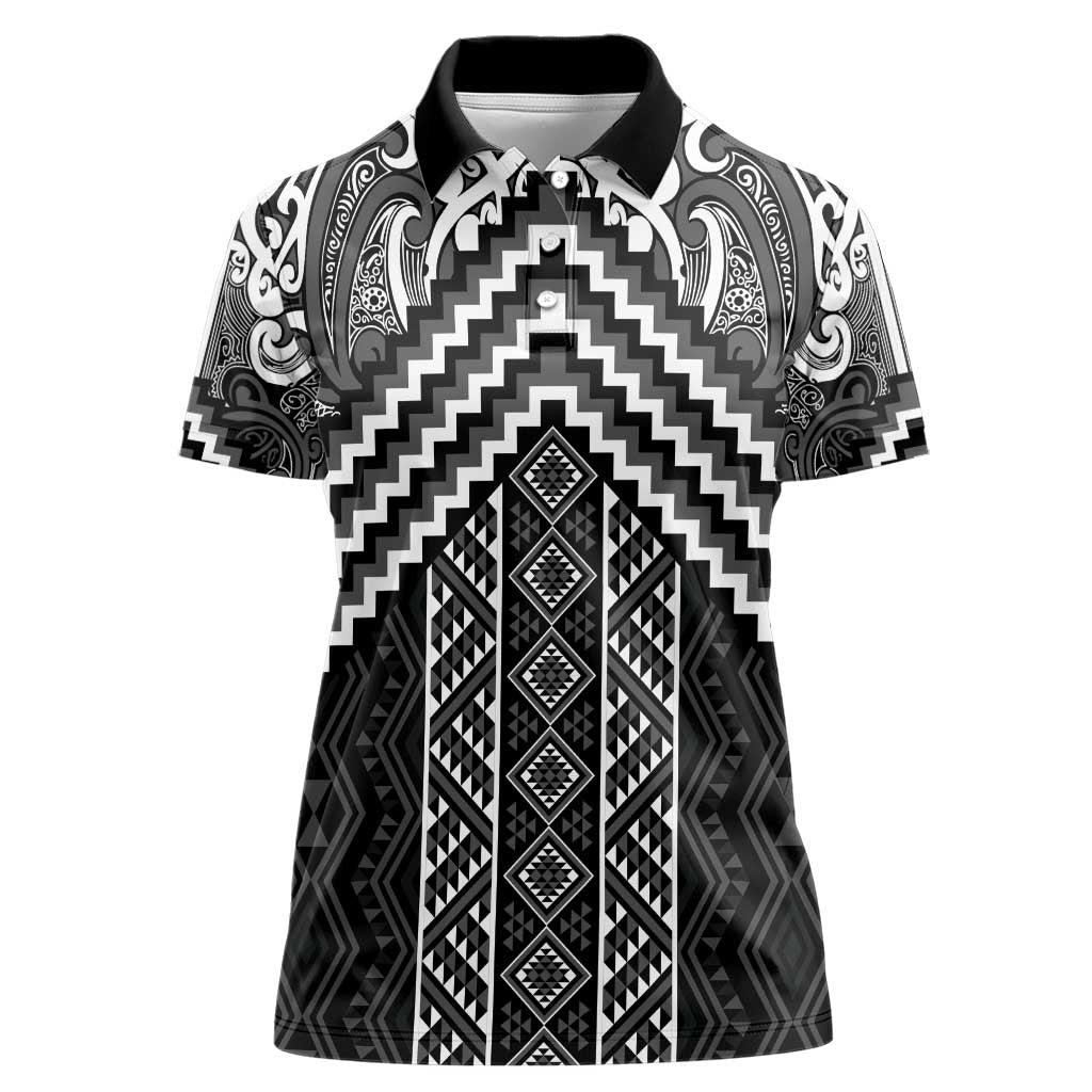 Maori Tukutuku Taniko Motifs Women Polo Shirt Black Poutama Mix Kowhaiwhai