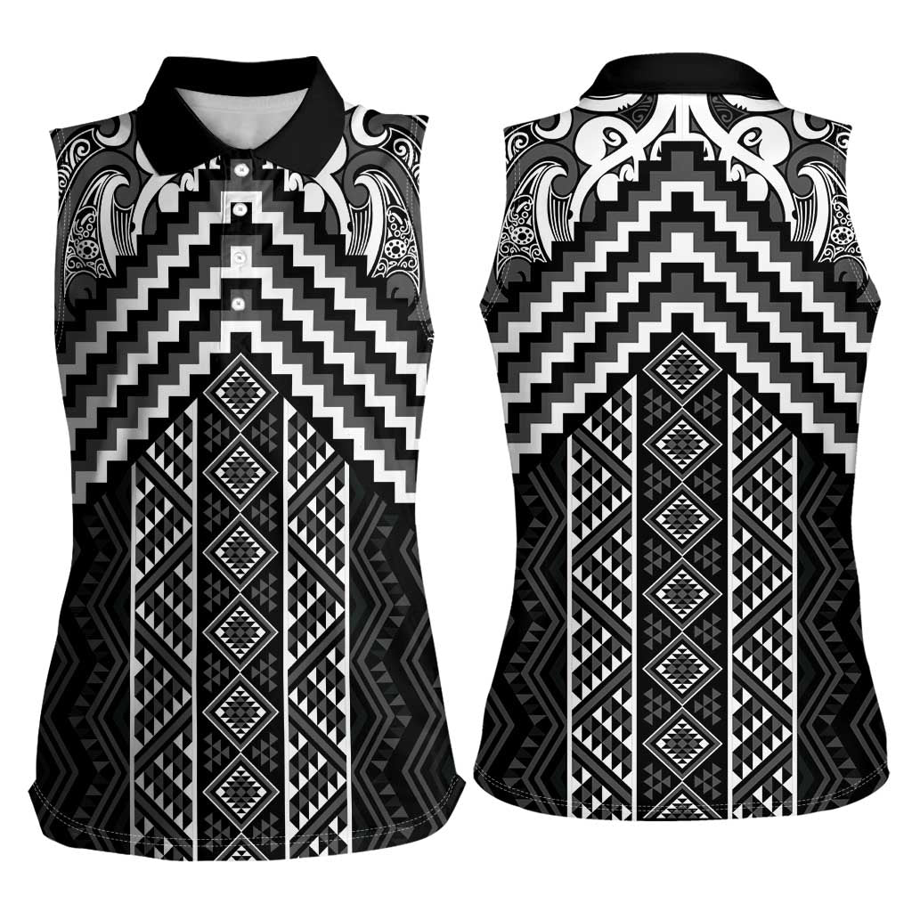 Maori Tukutuku Taniko Motifs Women Sleeveless Polo Shirt Black Poutama Mix Kowhaiwhai