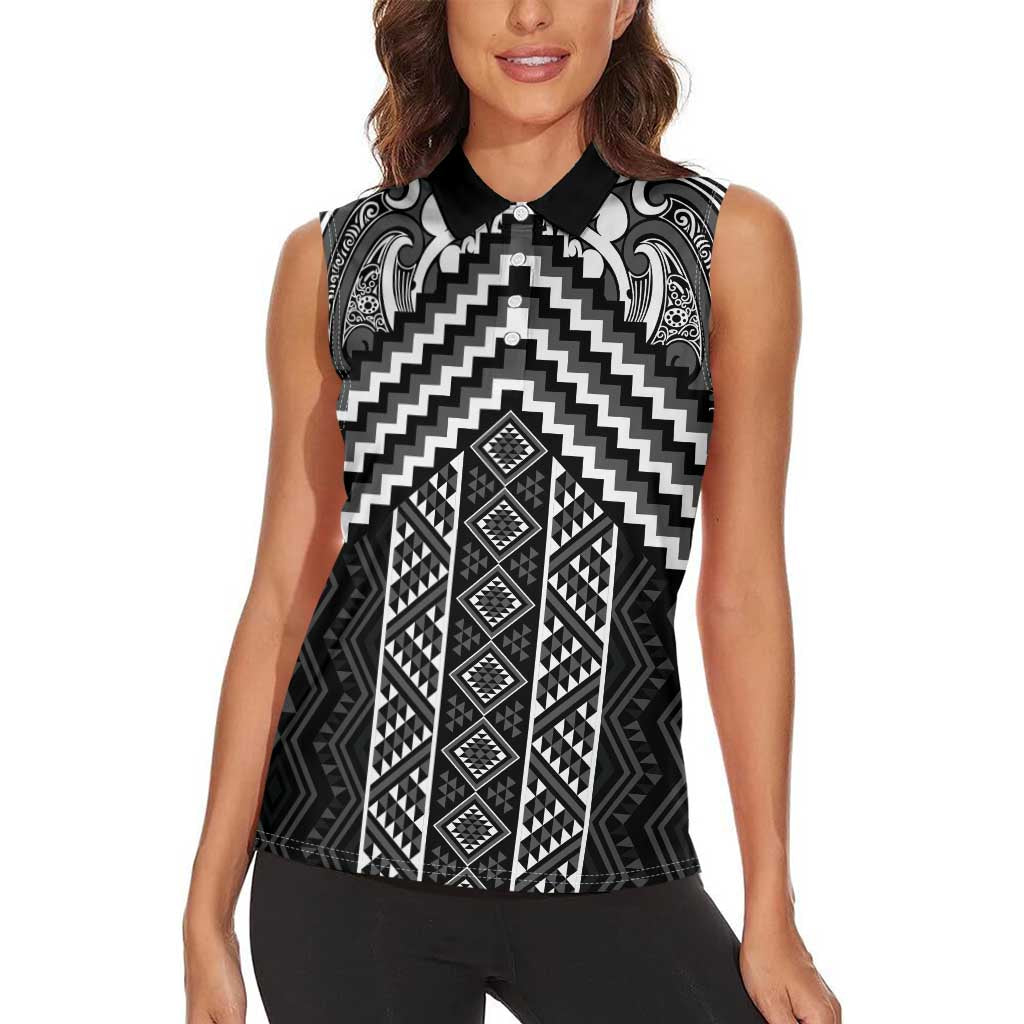 Maori Tukutuku Taniko Motifs Women Sleeveless Polo Shirt Black Poutama Mix Kowhaiwhai