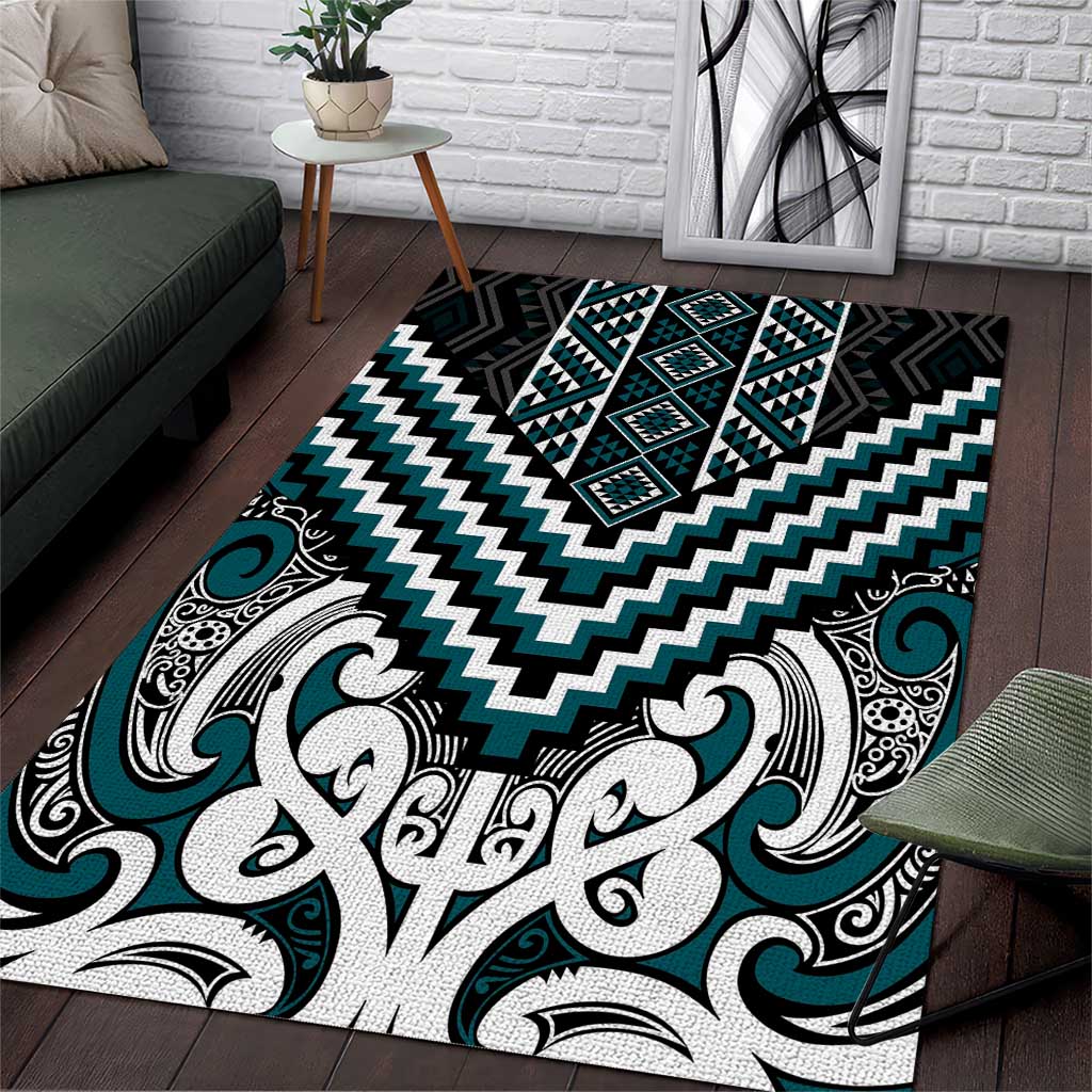 Maori Tukutuku Taniko Motifs Area Rug Teal Poutama Mix Kowhaiwhai