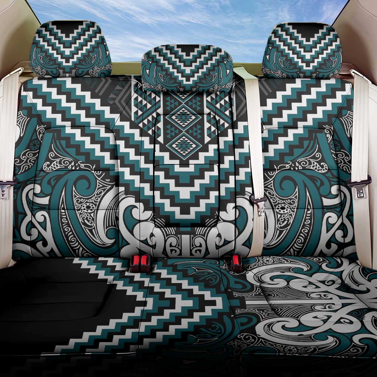 Maori Tukutuku Taniko Motifs Back Car Seat Cover Teal Poutama Mix Kowhaiwhai