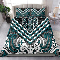 Maori Tukutuku Taniko Motifs Bedding Set Teal Poutama Mix Kowhaiwhai