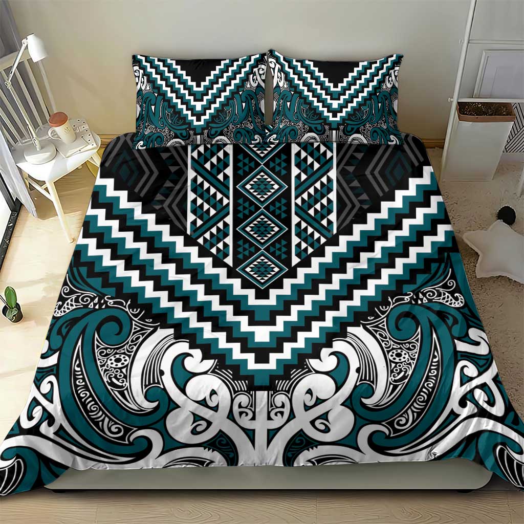 Maori Tukutuku Taniko Motifs Bedding Set Teal Poutama Mix Kowhaiwhai