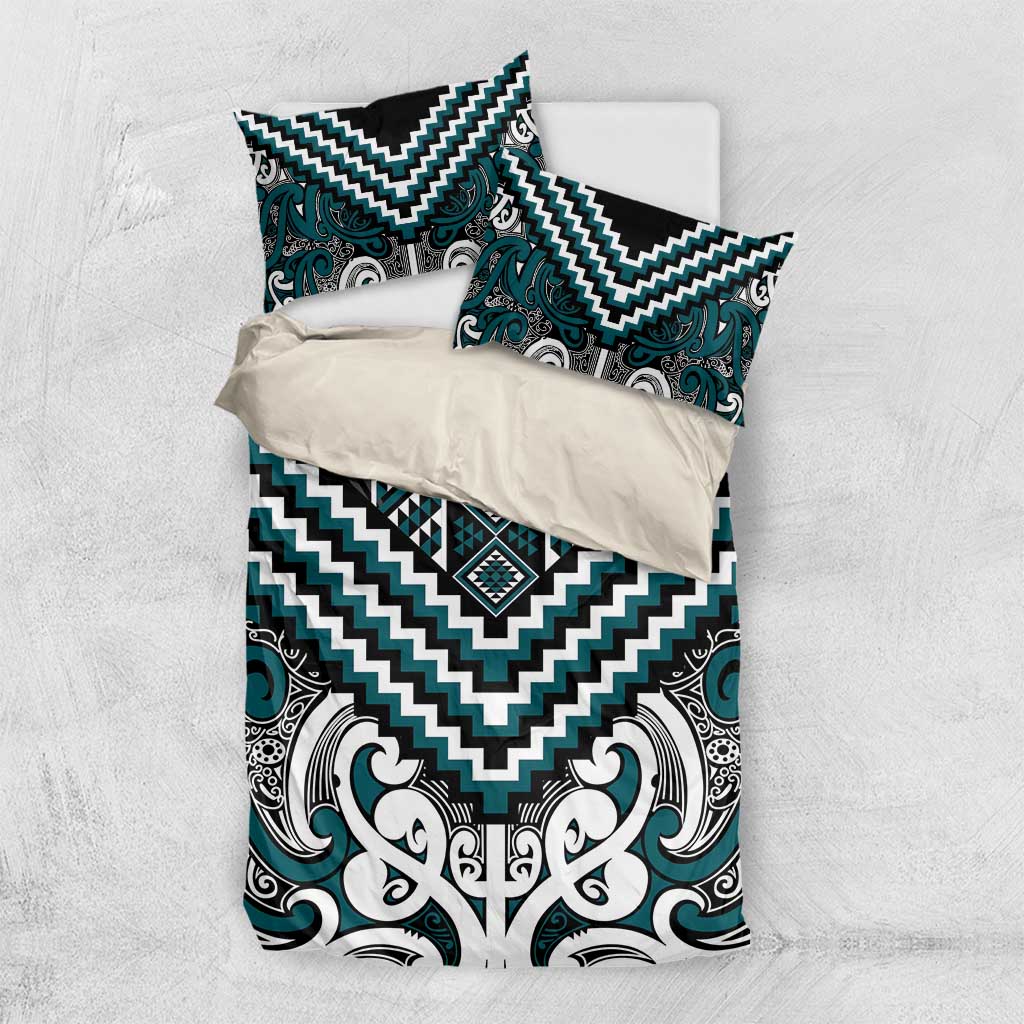 Maori Tukutuku Taniko Motifs Bedding Set Teal Poutama Mix Kowhaiwhai