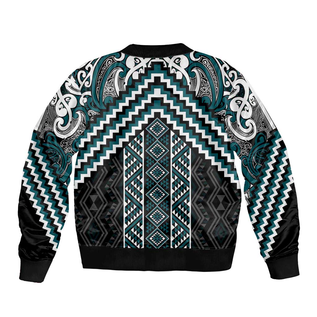 Maori Tukutuku Taniko Motifs Bomber Jacket Teal Poutama Mix Kowhaiwhai
