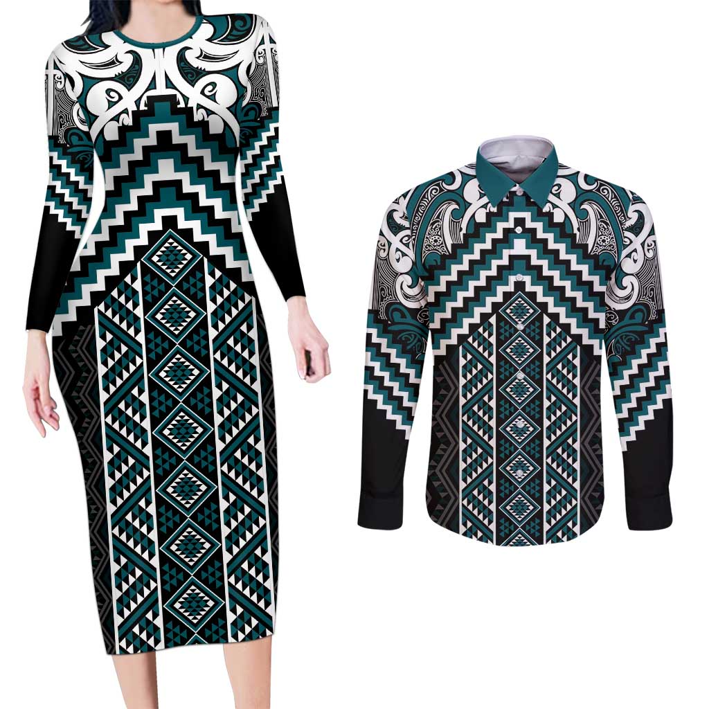 Maori Tukutuku Taniko Motifs Couples Matching Long Sleeve Bodycon Dress and Long Sleeve Button Shirt Teal Poutama Mix Kowhaiwhai