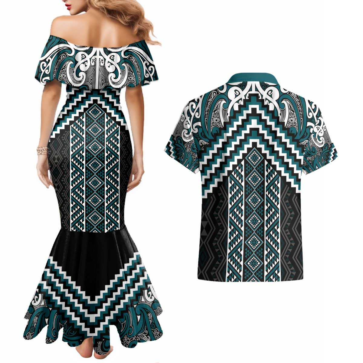 Maori Tukutuku Taniko Motifs Couples Matching Mermaid Dress and Hawaiian Shirt Teal Poutama Mix Kowhaiwhai