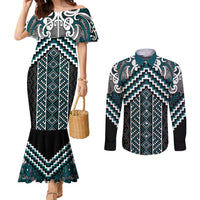 Maori Tukutuku Taniko Motifs Couples Matching Mermaid Dress and Long Sleeve Button Shirt Teal Poutama Mix Kowhaiwhai