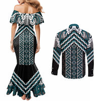 Maori Tukutuku Taniko Motifs Couples Matching Mermaid Dress and Long Sleeve Button Shirt Teal Poutama Mix Kowhaiwhai