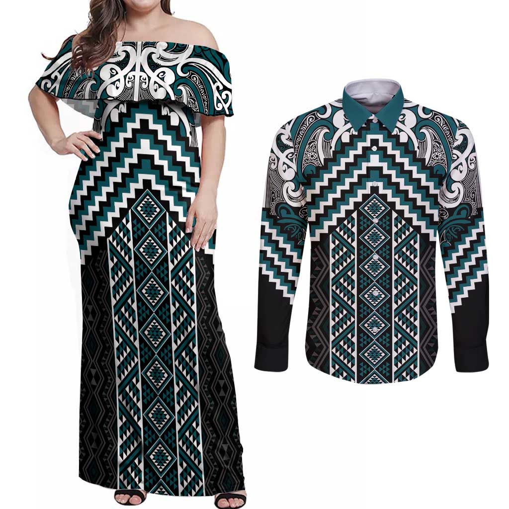 Maori Tukutuku Taniko Motifs Couples Matching Off Shoulder Maxi Dress and Long Sleeve Button Shirt Teal Poutama Mix Kowhaiwhai