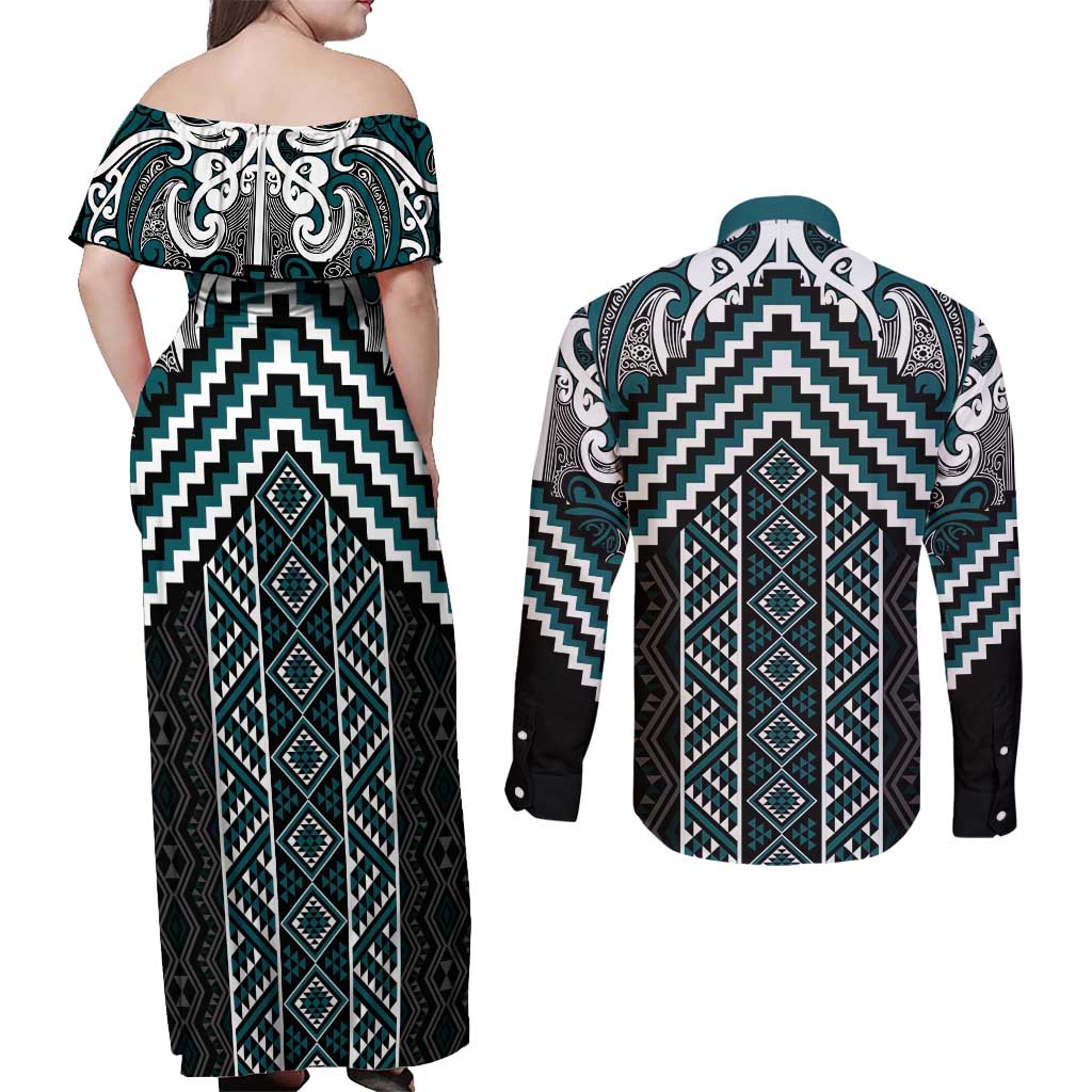 Maori Tukutuku Taniko Motifs Couples Matching Off Shoulder Maxi Dress and Long Sleeve Button Shirt Teal Poutama Mix Kowhaiwhai