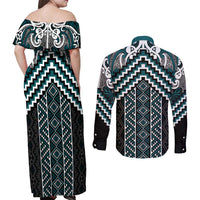 Maori Tukutuku Taniko Motifs Couples Matching Off Shoulder Maxi Dress and Long Sleeve Button Shirt Teal Poutama Mix Kowhaiwhai