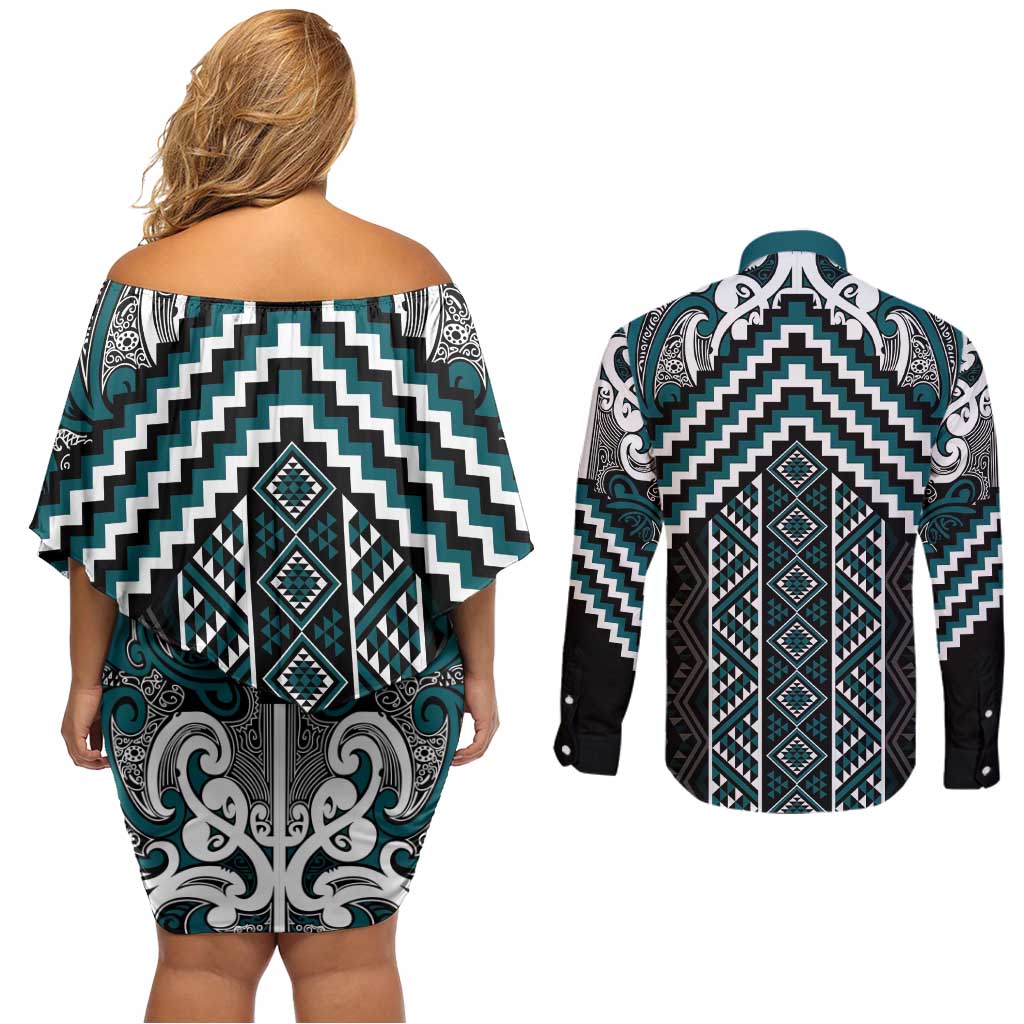 Maori Tukutuku Taniko Motifs Couples Matching Off Shoulder Short Dress and Long Sleeve Button Shirt Teal Poutama Mix Kowhaiwhai