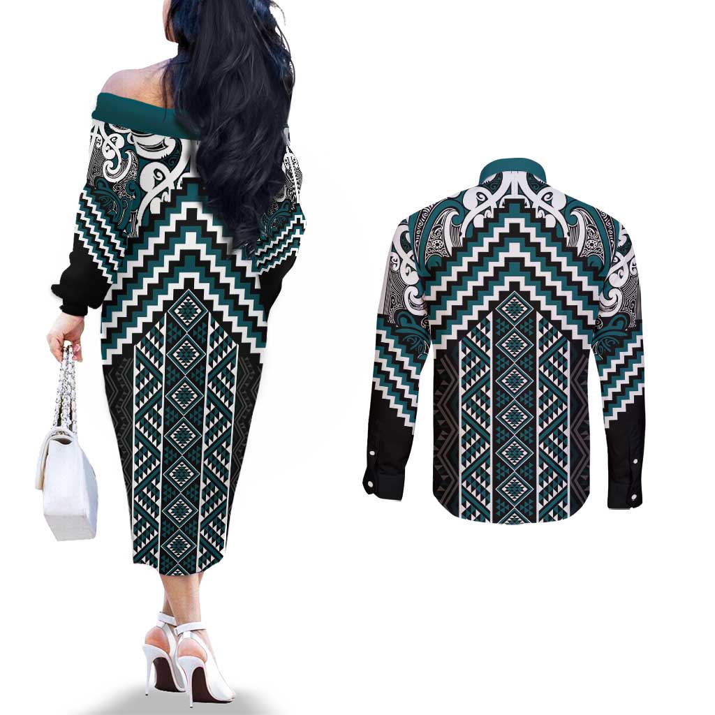 Maori Tukutuku Taniko Motifs Couples Matching Off The Shoulder Long Sleeve Dress and Long Sleeve Button Shirt Teal Poutama Mix Kowhaiwhai
