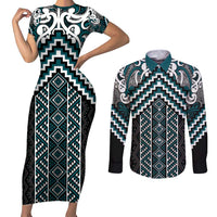 Maori Tukutuku Taniko Motifs Couples Matching Short Sleeve Bodycon Dress and Long Sleeve Button Shirt Teal Poutama Mix Kowhaiwhai