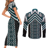 Maori Tukutuku Taniko Motifs Couples Matching Short Sleeve Bodycon Dress and Long Sleeve Button Shirt Teal Poutama Mix Kowhaiwhai