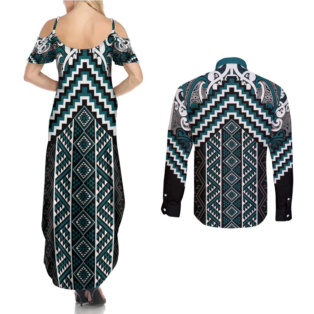 Maori Tukutuku Taniko Motifs Couples Matching Summer Maxi Dress and Long Sleeve Button Shirt Teal Poutama Mix Kowhaiwhai