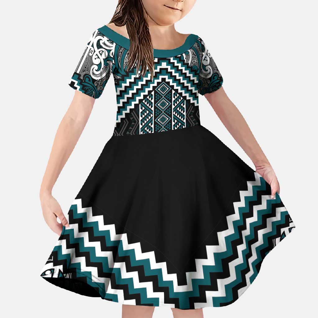 Maori Tukutuku Taniko Motifs Family Matching Mermaid Dress and Hawaiian Shirt Teal Poutama Mix Kowhaiwhai