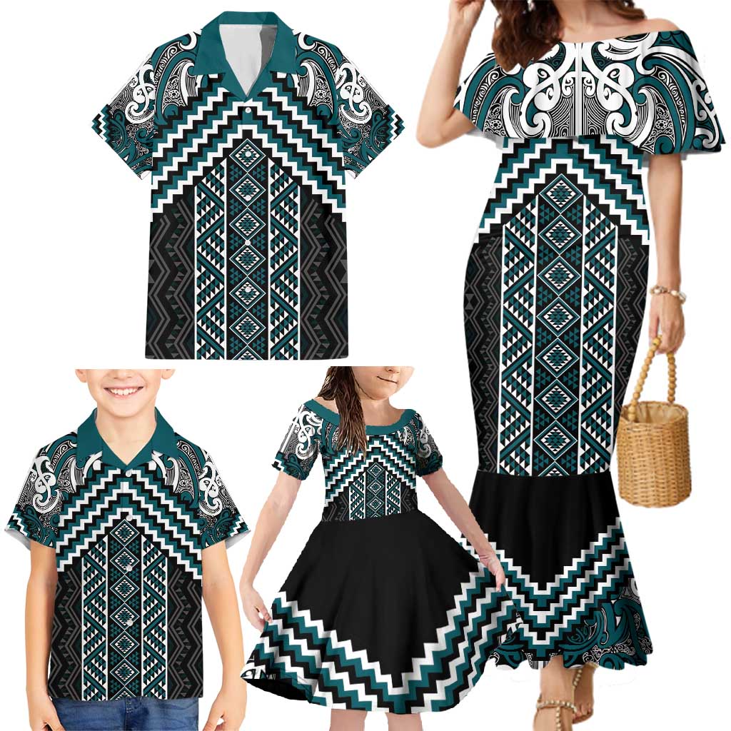 Maori Tukutuku Taniko Motifs Family Matching Mermaid Dress and Hawaiian Shirt Teal Poutama Mix Kowhaiwhai