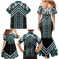 Maori Tukutuku Taniko Motifs Family Matching Mermaid Dress and Hawaiian Shirt Teal Poutama Mix Kowhaiwhai