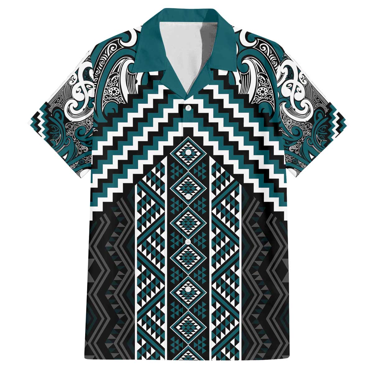 Maori Tukutuku Taniko Motifs Family Matching Off The Shoulder Long Sleeve Dress and Hawaiian Shirt Teal Poutama Mix Kowhaiwhai