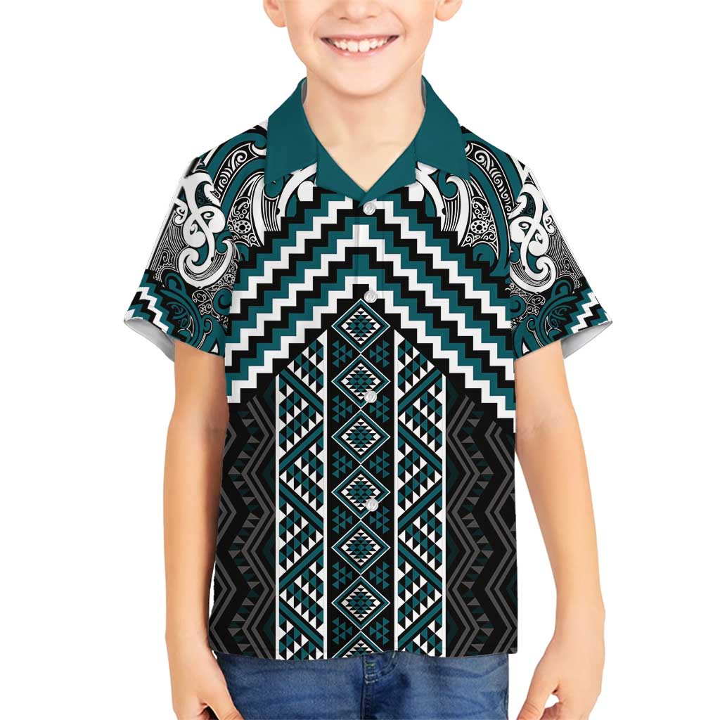 Maori Tukutuku Taniko Motifs Family Matching Off Shoulder Maxi Dress and Hawaiian Shirt Teal Poutama Mix Kowhaiwhai