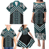 Maori Tukutuku Taniko Motifs Family Matching Puletasi and Hawaiian Shirt Teal Poutama Mix Kowhaiwhai