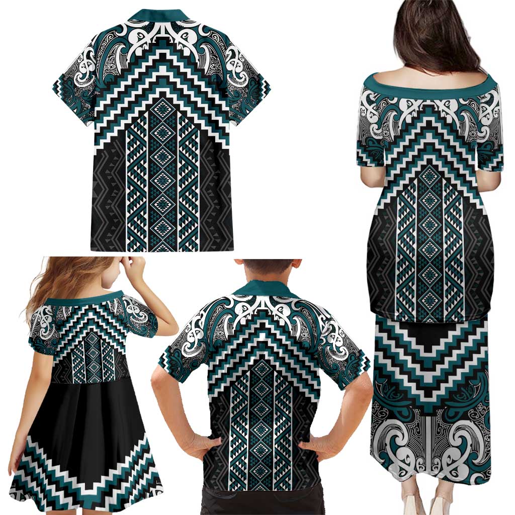 Maori Tukutuku Taniko Motifs Family Matching Puletasi and Hawaiian Shirt Teal Poutama Mix Kowhaiwhai