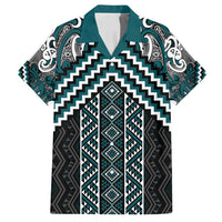 Maori Tukutuku Taniko Motifs Family Matching Puletasi and Hawaiian Shirt Teal Poutama Mix Kowhaiwhai