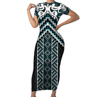 Maori Tukutuku Taniko Motifs Family Matching Short Sleeve Bodycon Dress and Hawaiian Shirt Teal Poutama Mix Kowhaiwhai