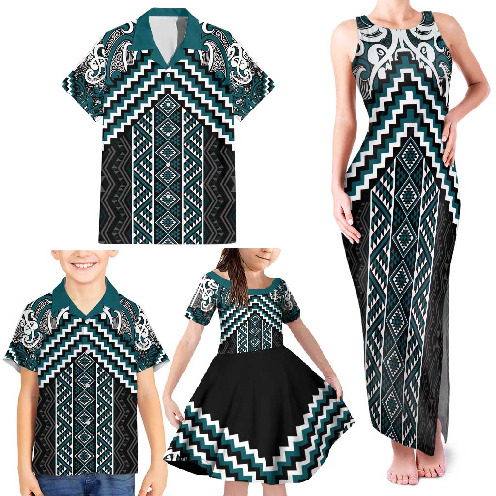 Maori Tukutuku Taniko Motifs Family Matching Tank Maxi Dress and Hawaiian Shirt Teal Poutama Mix Kowhaiwhai