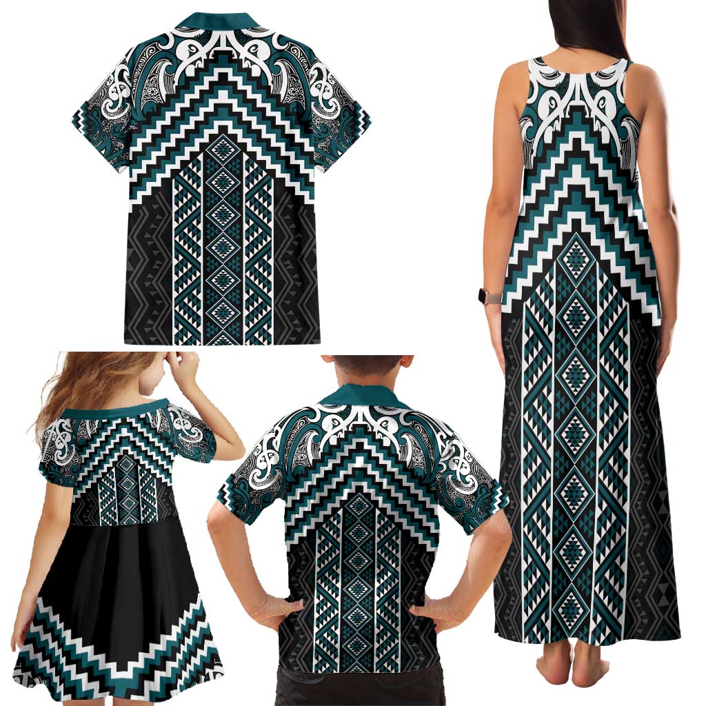 Maori Tukutuku Taniko Motifs Family Matching Tank Maxi Dress and Hawaiian Shirt Teal Poutama Mix Kowhaiwhai