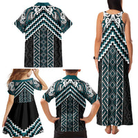 Maori Tukutuku Taniko Motifs Family Matching Tank Maxi Dress and Hawaiian Shirt Teal Poutama Mix Kowhaiwhai