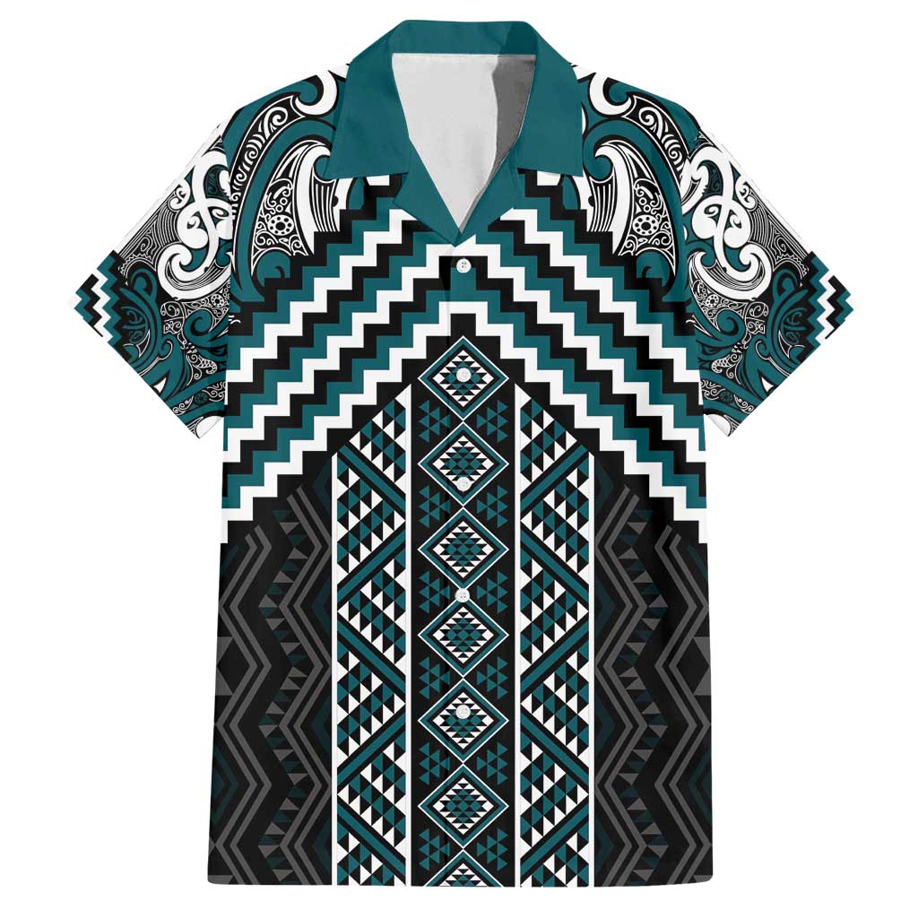 Maori Tukutuku Taniko Motifs Family Matching Tank Maxi Dress and Hawaiian Shirt Teal Poutama Mix Kowhaiwhai