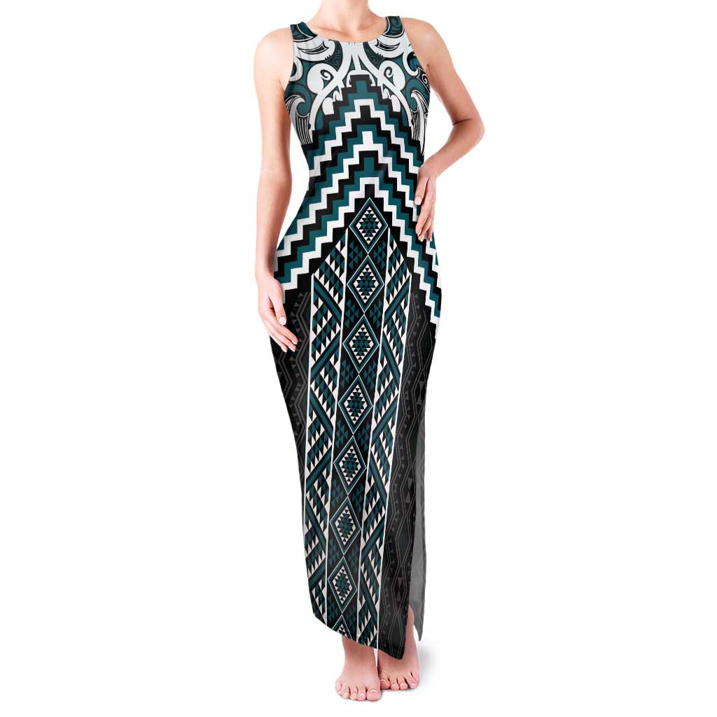 Maori Tukutuku Taniko Motifs Family Matching Tank Maxi Dress and Hawaiian Shirt Teal Poutama Mix Kowhaiwhai