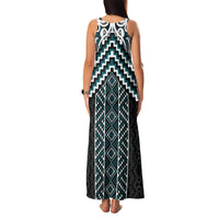 Maori Tukutuku Taniko Motifs Family Matching Tank Maxi Dress and Hawaiian Shirt Teal Poutama Mix Kowhaiwhai