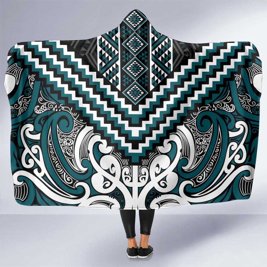 Maori Tukutuku Taniko Motifs Hooded Blanket Teal Poutama Mix Kowhaiwhai LT7 One Size Teal - Polynesian Pride