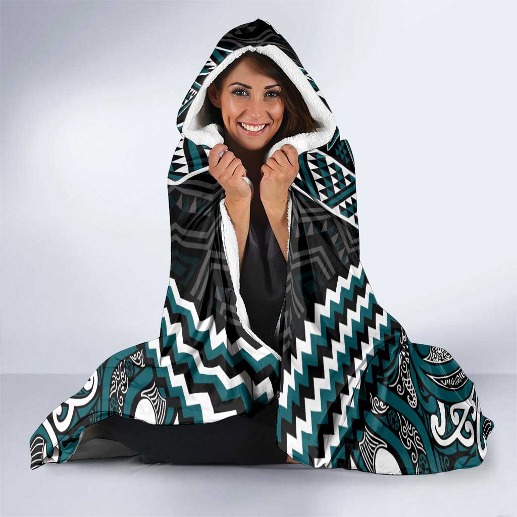 Maori Tukutuku Taniko Motifs Hooded Blanket Teal Poutama Mix Kowhaiwhai LT7 - Polynesian Pride