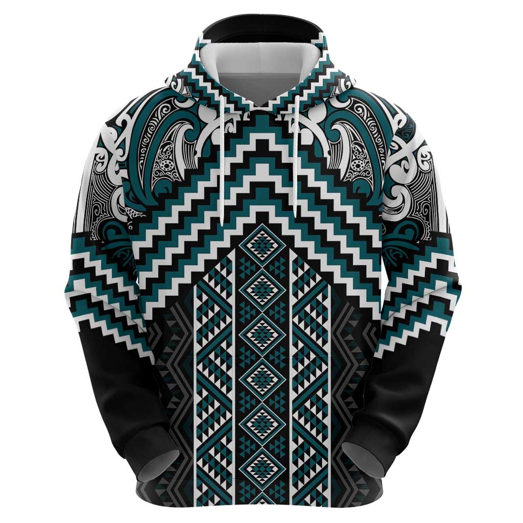 Maori Tukutuku Taniko Motifs Hoodie Teal Poutama Mix Kowhaiwhai