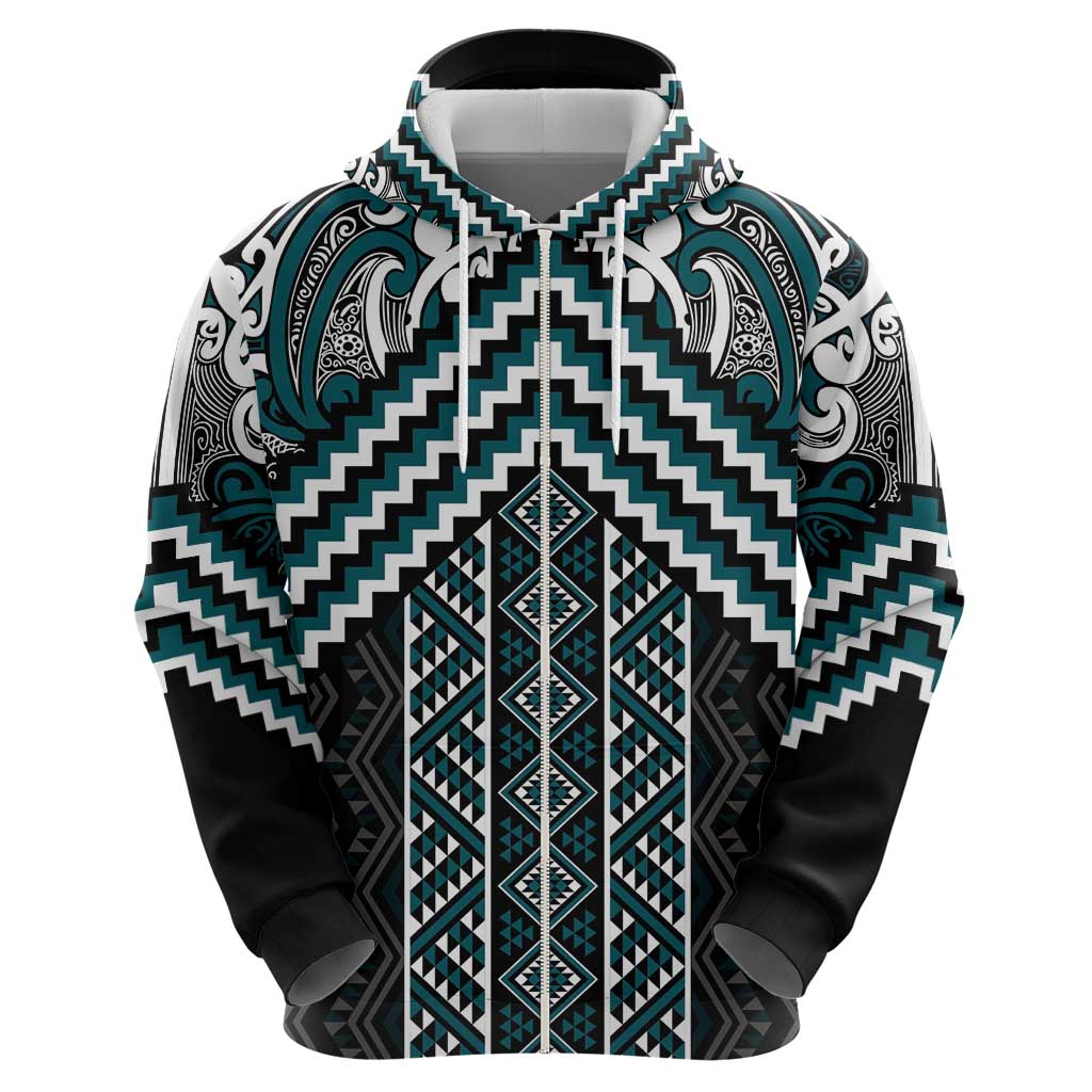Maori Tukutuku Taniko Motifs Hoodie Teal Poutama Mix Kowhaiwhai