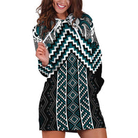 Maori Tukutuku Taniko Motifs Hoodie Dress Teal Poutama Mix Kowhaiwhai