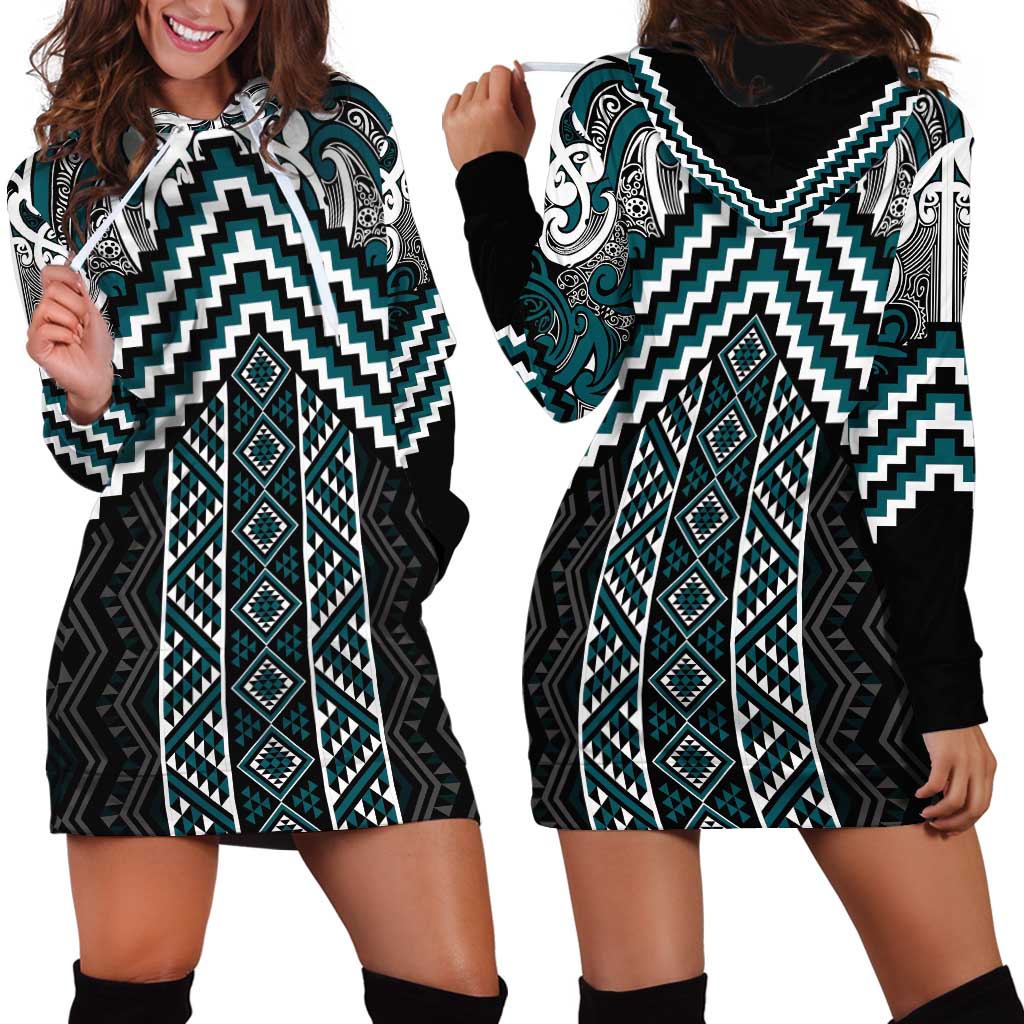 Maori Tukutuku Taniko Motifs Hoodie Dress Teal Poutama Mix Kowhaiwhai