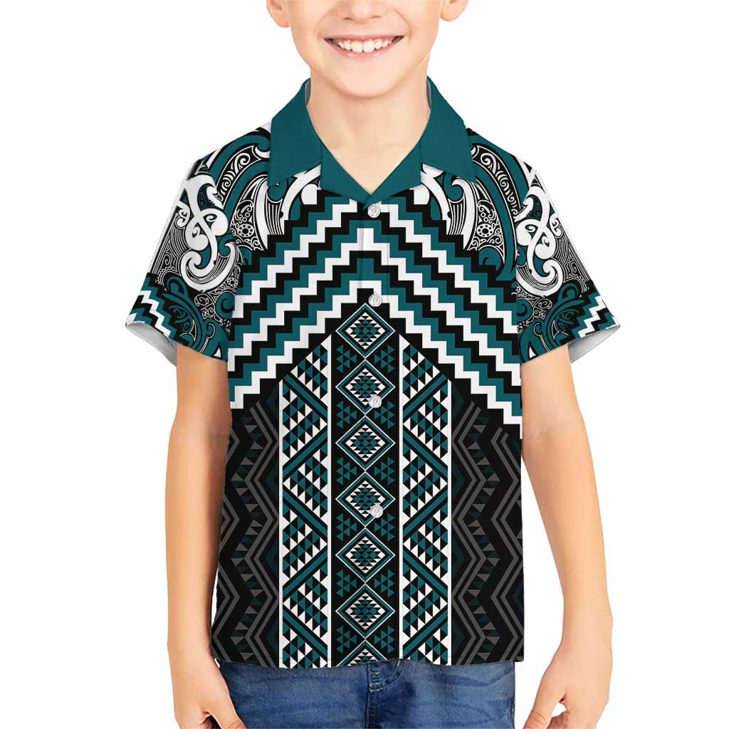 Maori Tukutuku Taniko Motifs Kid Hawaiian Shirt Teal Poutama Mix Kowhaiwhai LT7 Kid Teal - Polynesian Pride